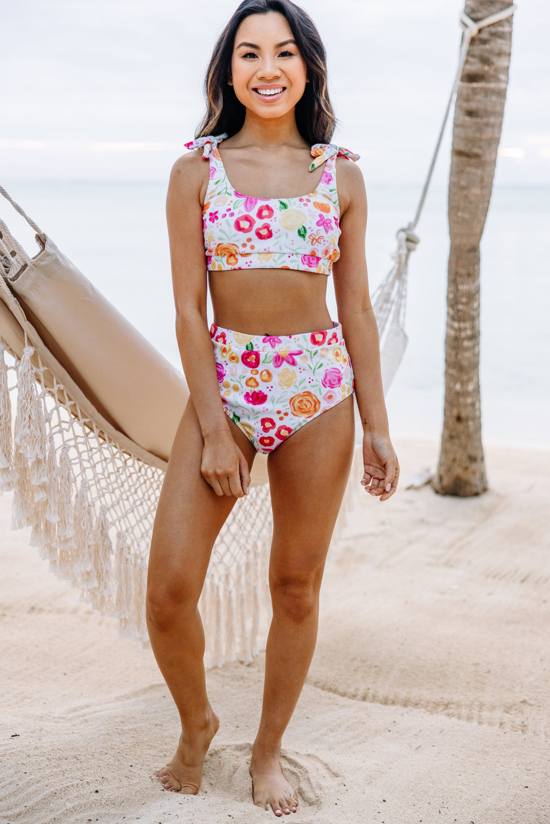 On A Whim White Floral Ribbed Bikini Bottoms