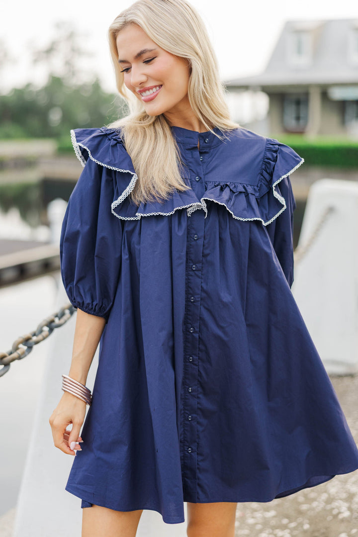 Mind In The Clouds Navy Ruffled Babydoll Dress