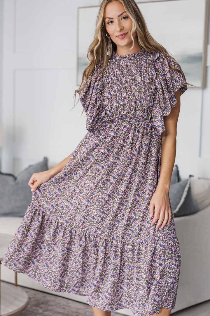 NURSING COLLECTION: All The Good Plum Ditsy Floral Ruffled Midi Dress