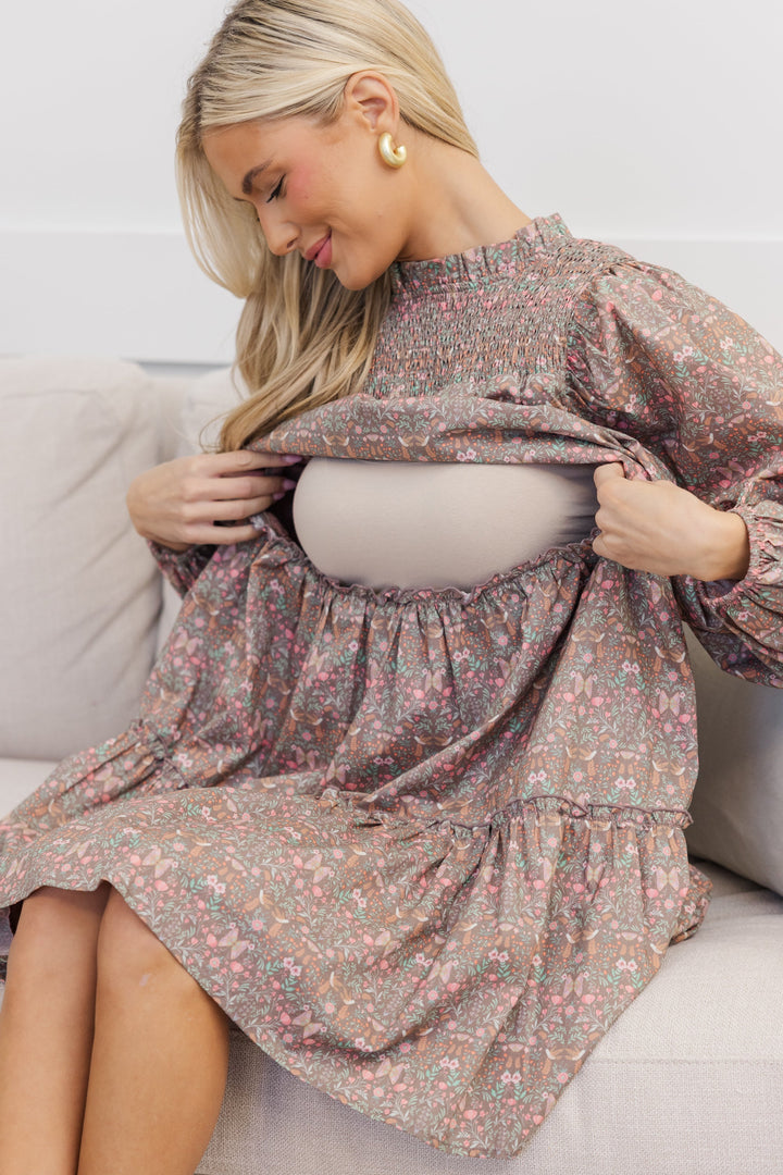 NURSING COLLECTION: Be Your Best Brown Ditsy Floral Babydoll Dress