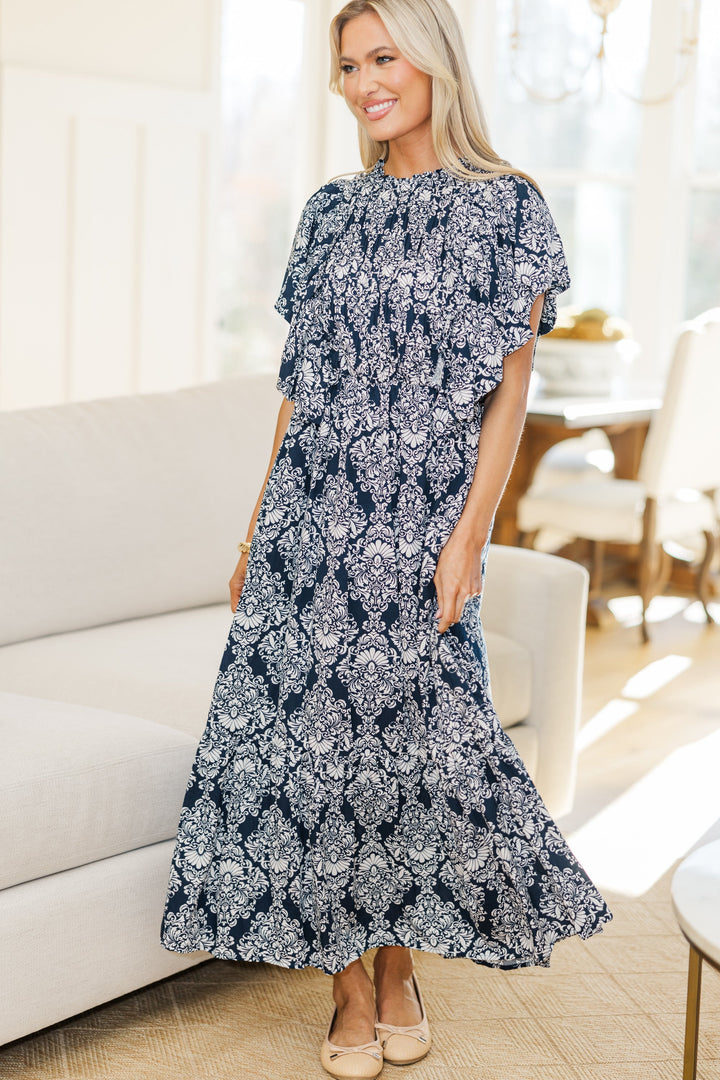 NURSING COLLECTION: All The Good Navy Damask Ruffled Midi Dress