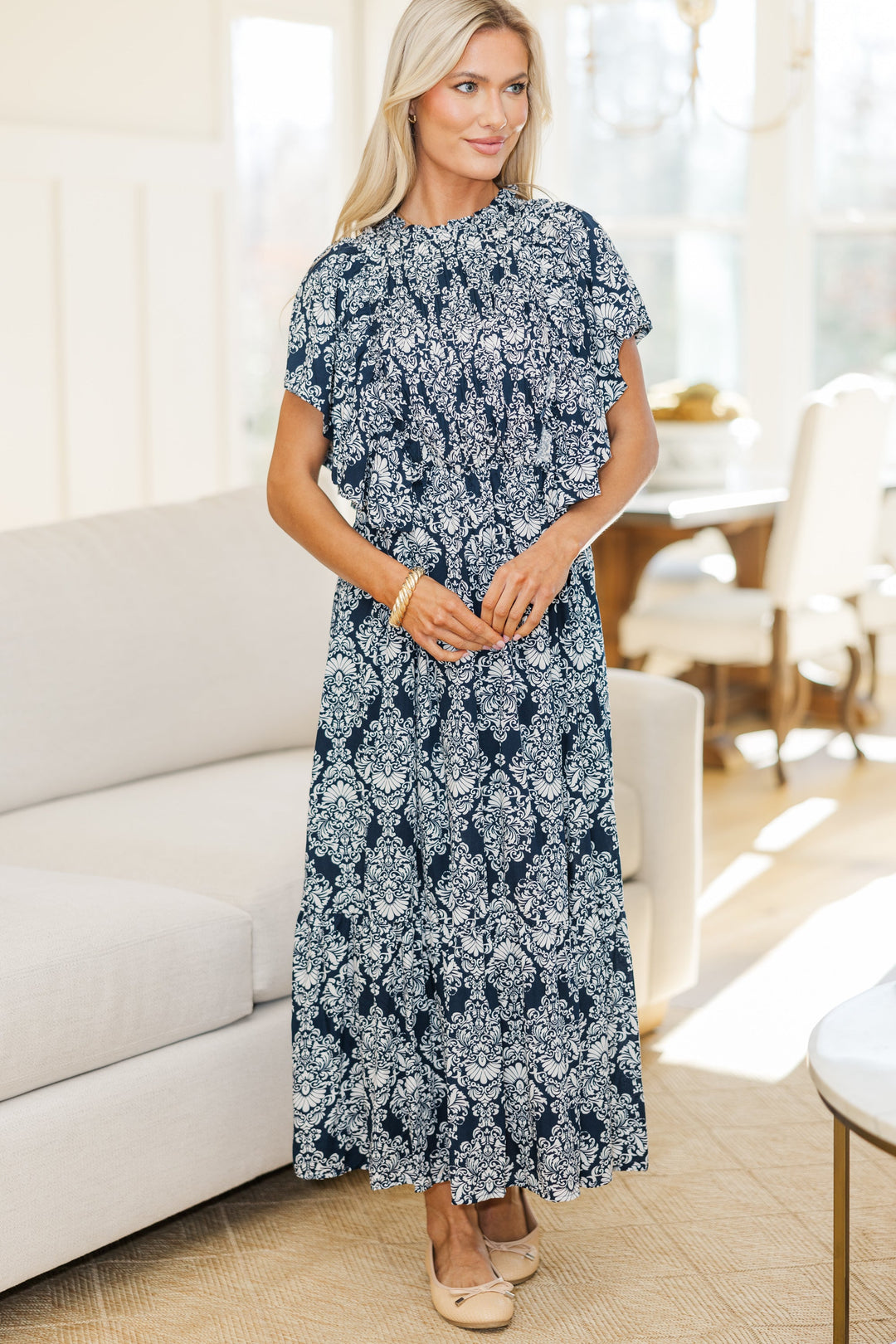 NURSING COLLECTION: All The Good Navy Damask Ruffled Midi Dress