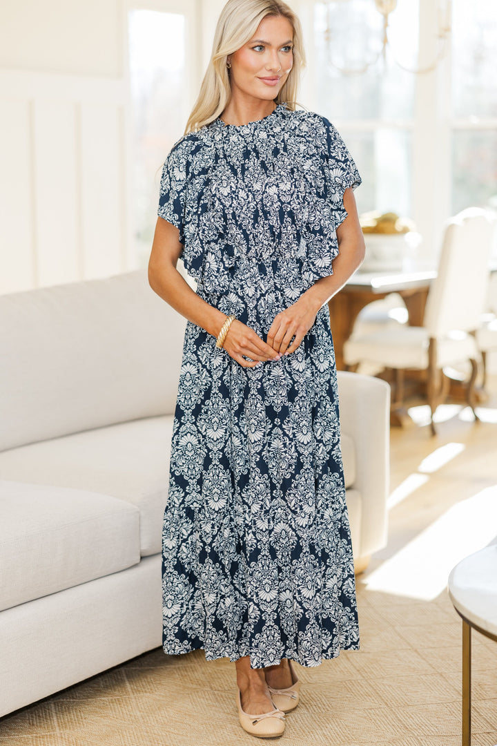 NURSING COLLECTION: All The Good Navy Damask Ruffled Midi Dress