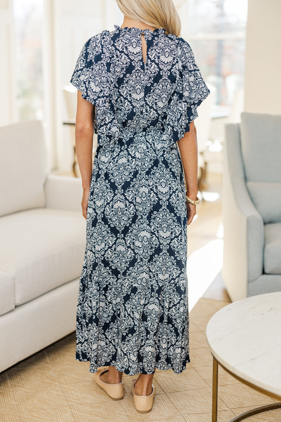 NURSING COLLECTION: All The Good Navy Damask Ruffled Midi Dress
