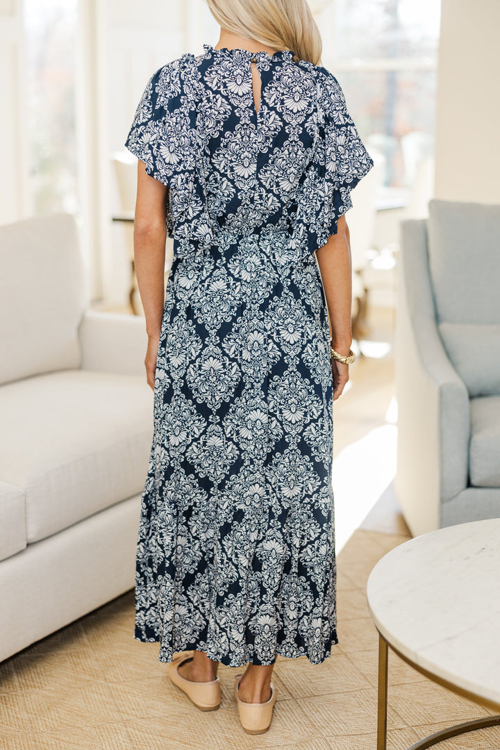 NURSING COLLECTION: All The Good Navy Damask Ruffled Midi Dress