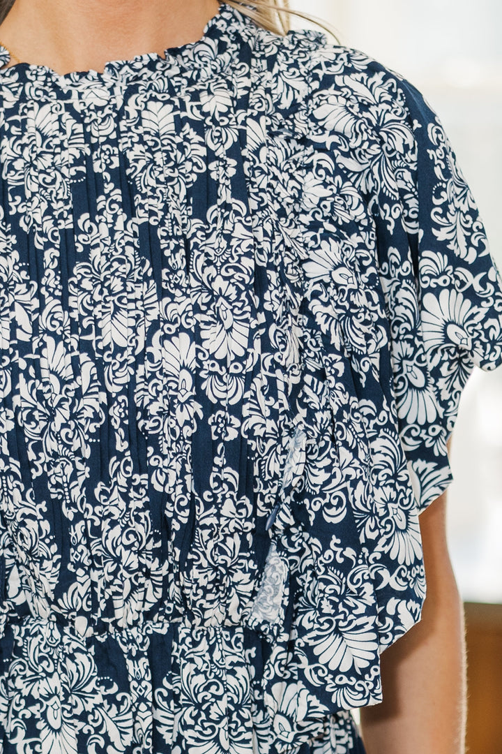 NURSING COLLECTION: All The Good Navy Damask Ruffled Midi Dress
