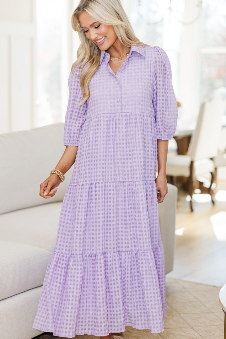 NURSING COLLECTION: Love Found Lavender Gingham Tiered Midi Dress