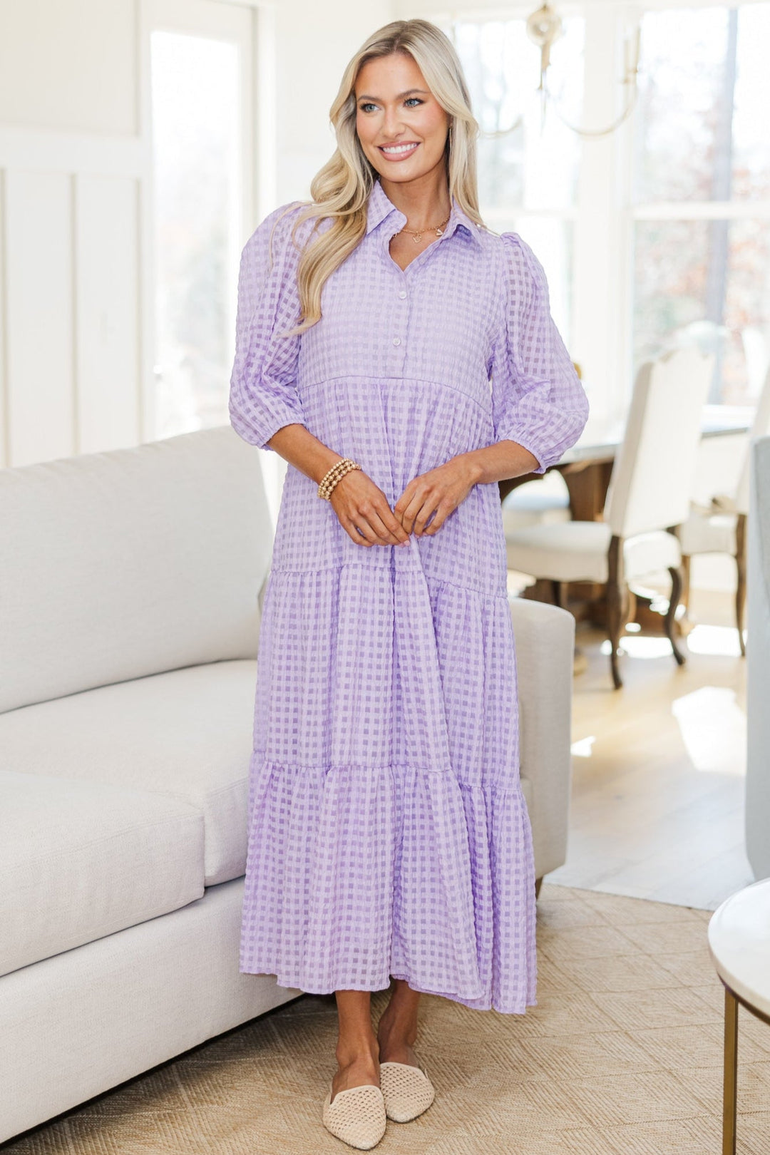 NURSING COLLECTION: Love Found Lavender Gingham Tiered Midi Dress