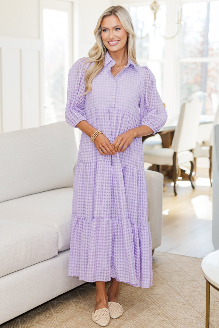 NURSING COLLECTION: Love Found Lavender Gingham Tiered Midi Dress