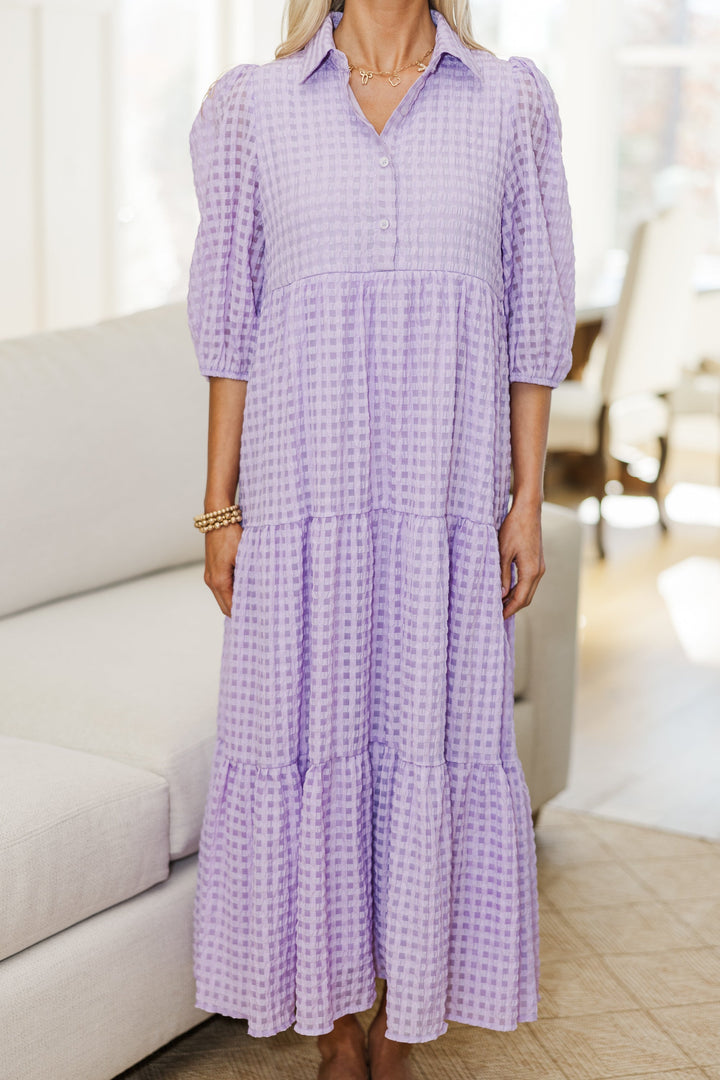NURSING COLLECTION: Love Found Lavender Gingham Tiered Midi Dress