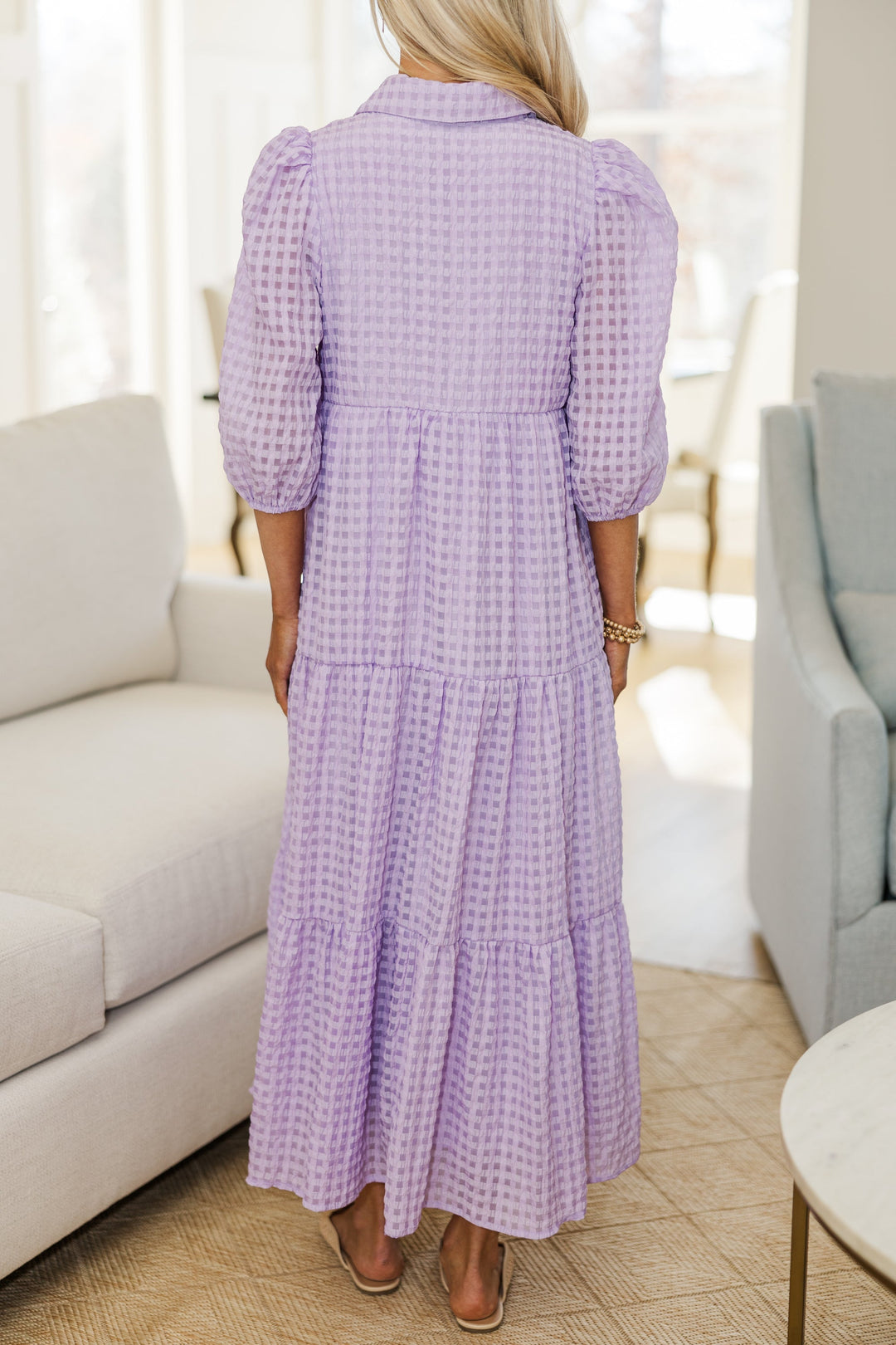 NURSING COLLECTION: Love Found Lavender Gingham Tiered Midi Dress