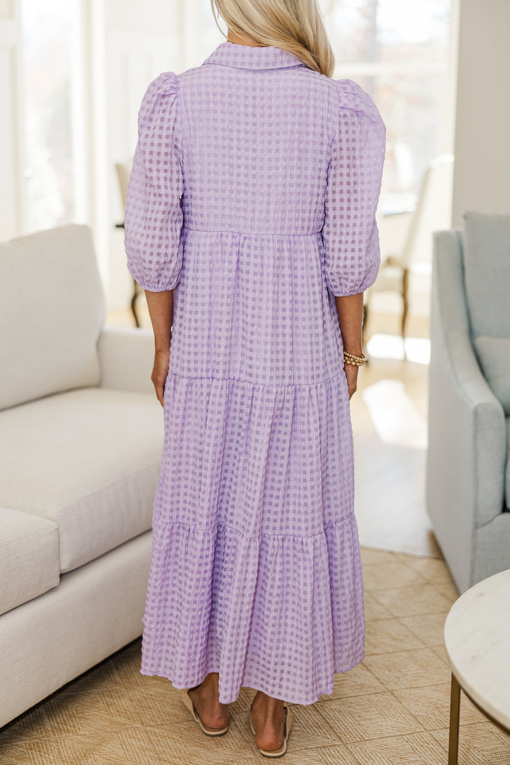 NURSING COLLECTION: Love Found Lavender Gingham Tiered Midi Dress