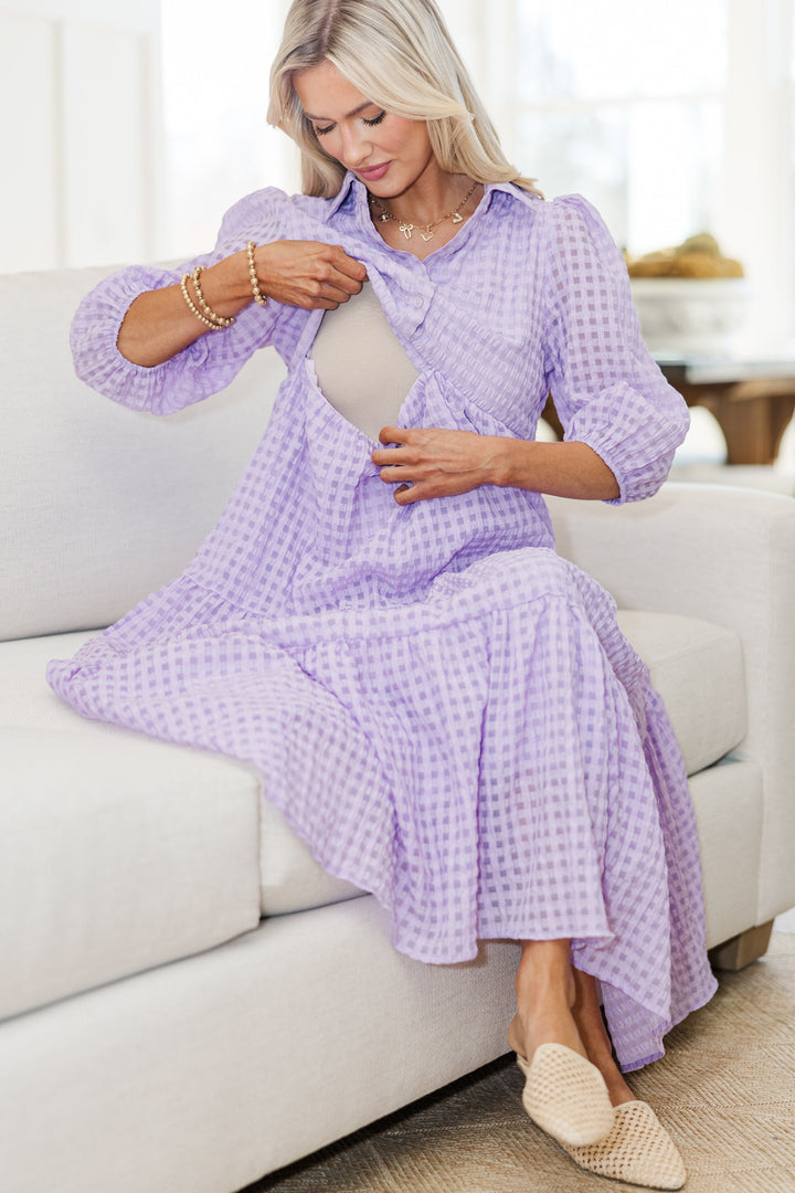 NURSING COLLECTION: Love Found Lavender Gingham Tiered Midi Dress