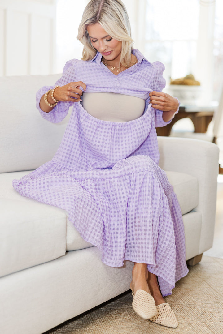 NURSING COLLECTION: Love Found Lavender Gingham Tiered Midi Dress