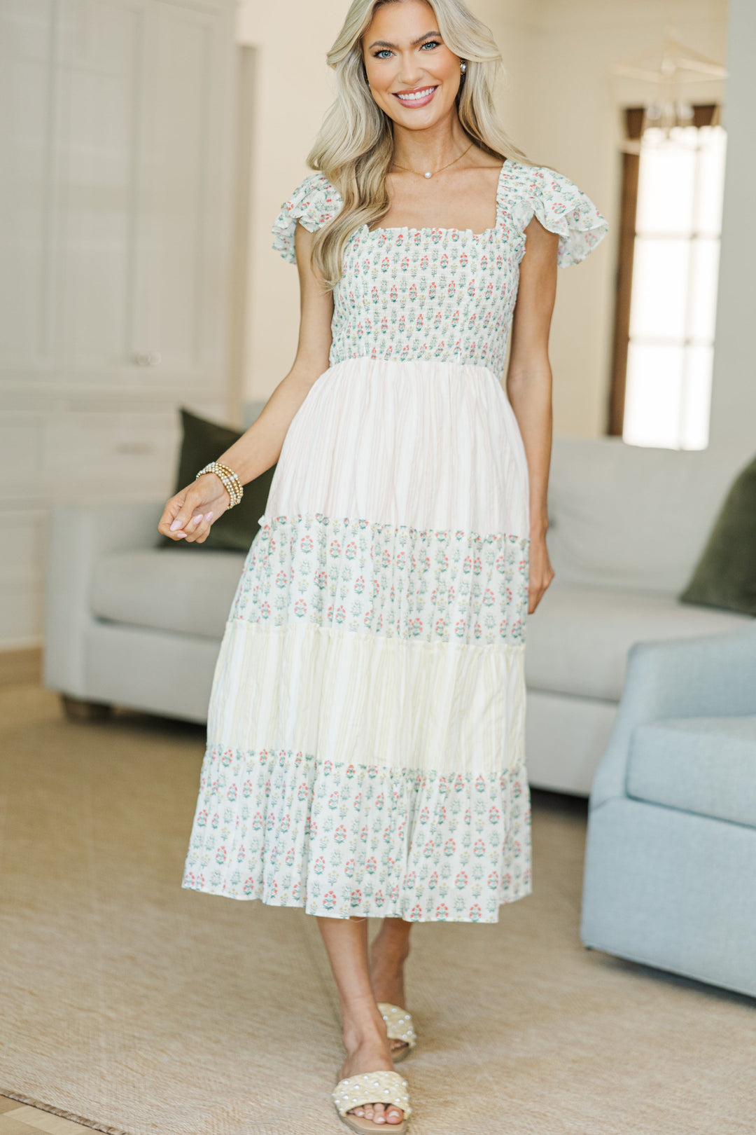 NURSING COLLECTION: You've Got it Yellow Mixed Print Smocked Midi Dress