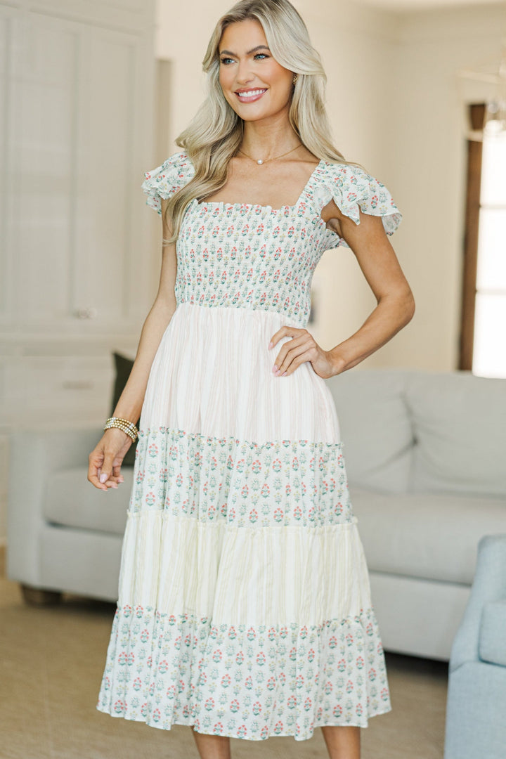 NURSING COLLECTION: You've Got it Yellow Mixed Print Smocked Midi Dress