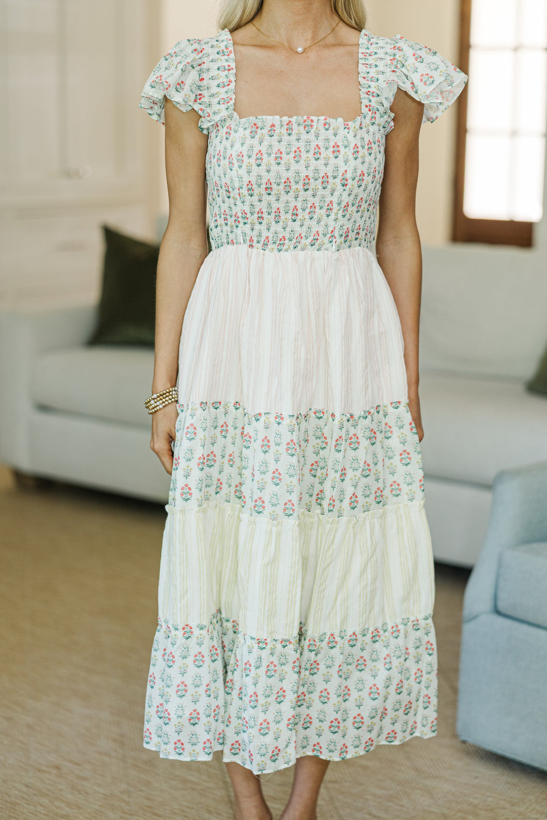 NURSING COLLECTION: You've Got it Yellow Mixed Print Smocked Midi Dress
