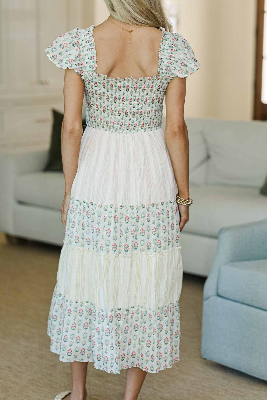 NURSING COLLECTION: You've Got it Yellow Mixed Print Smocked Midi Dress
