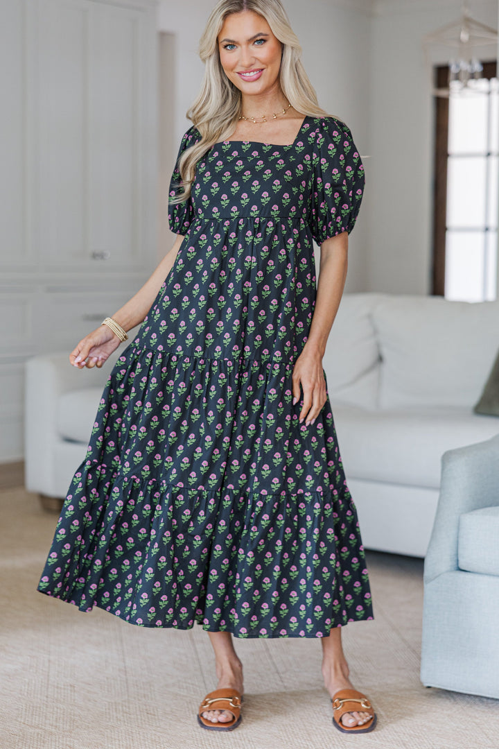 NURSING COLLECTION: Answer The Call Black Medallion Midi Dress
