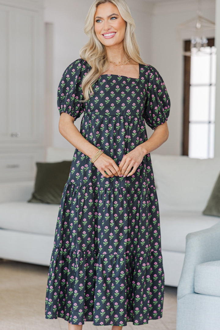 NURSING COLLECTION: Answer The Call Black Medallion Midi Dress
