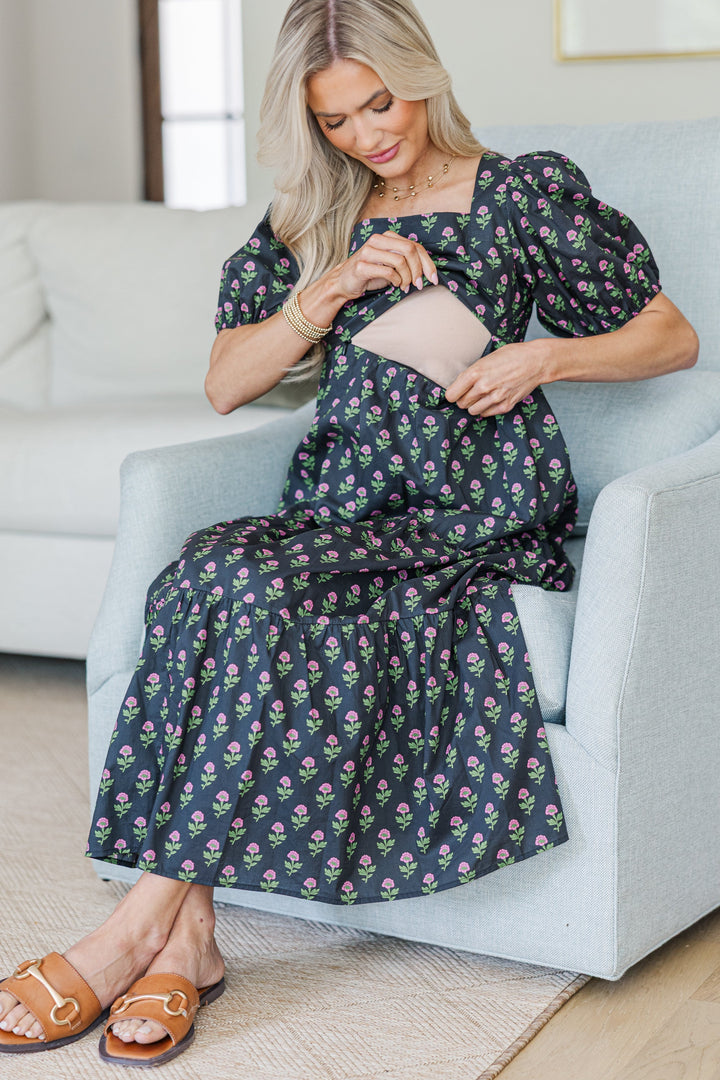 NURSING COLLECTION: Answer The Call Black Medallion Midi Dress