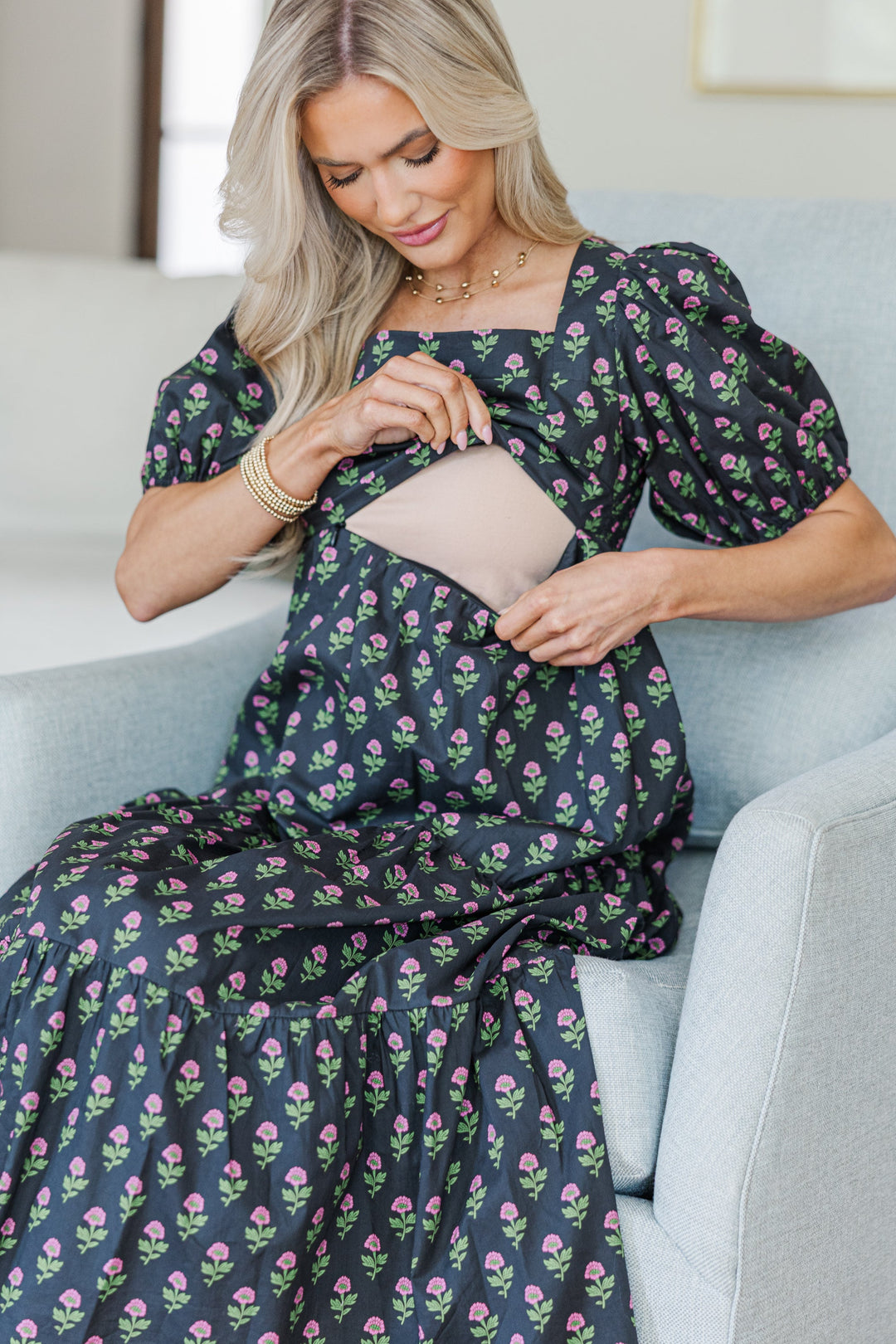 NURSING COLLECTION: Answer The Call Black Medallion Midi Dress