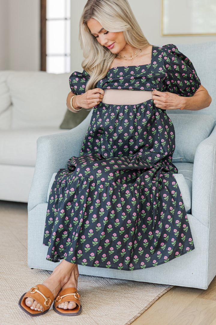 NURSING COLLECTION: Answer The Call Black Medallion Midi Dress