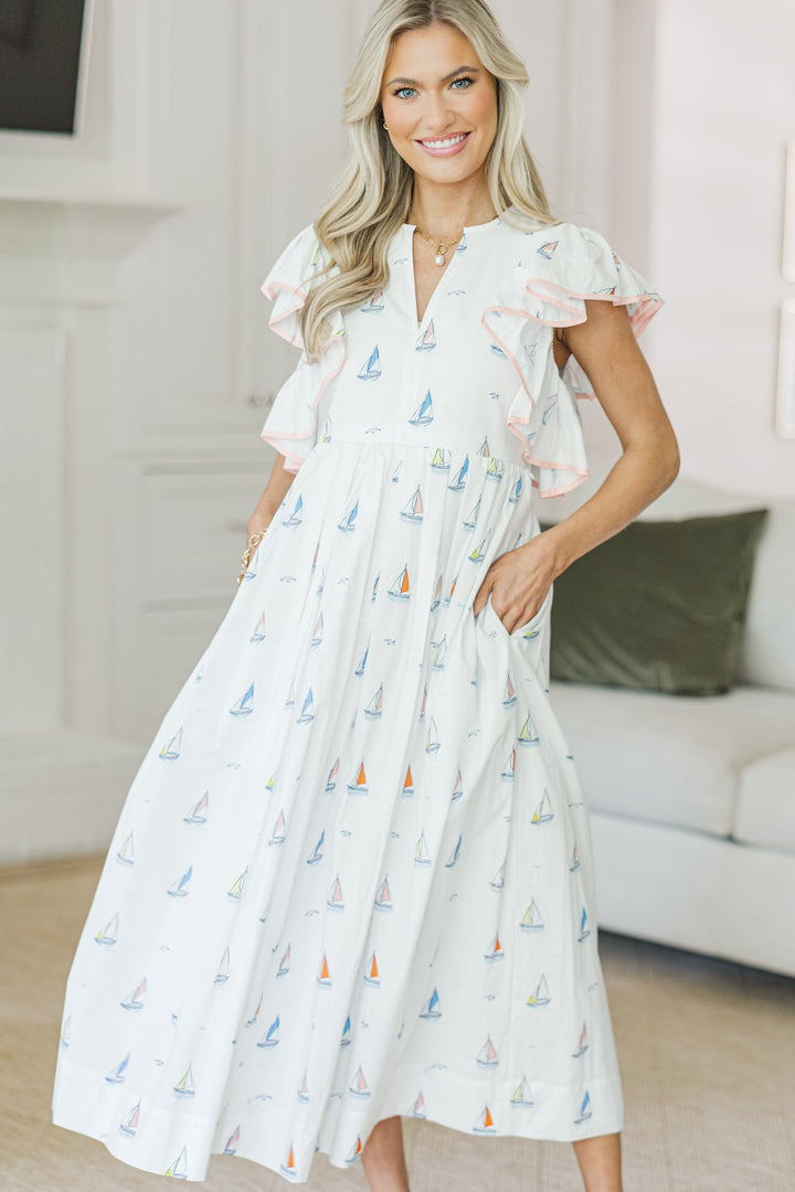 NURSING COLLECTION: Closer Than Ever White Sailboat Midi Dress