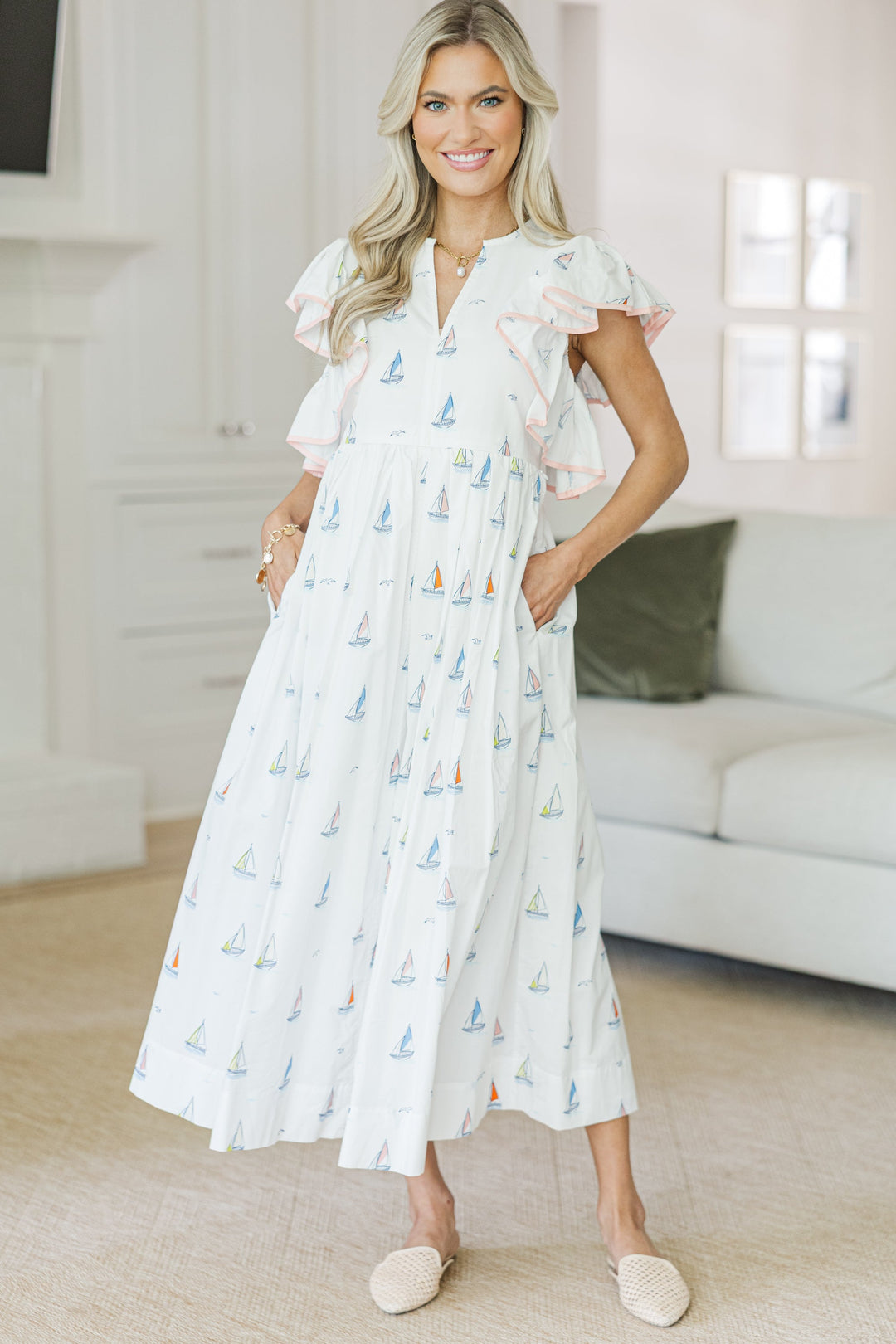 NURSING COLLECTION: Closer Than Ever White Sailboat Midi Dress