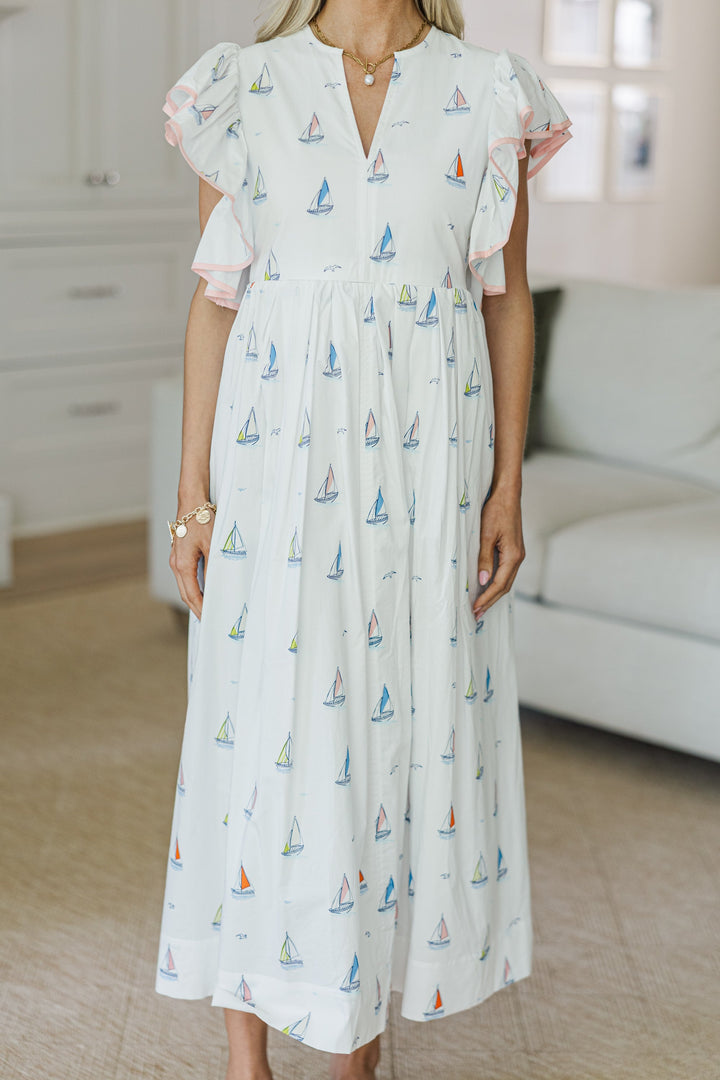 NURSING COLLECTION: Closer Than Ever White Sailboat Midi Dress