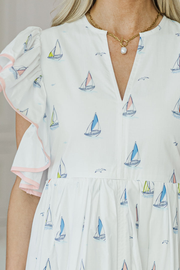 NURSING COLLECTION: Closer Than Ever White Sailboat Midi Dress