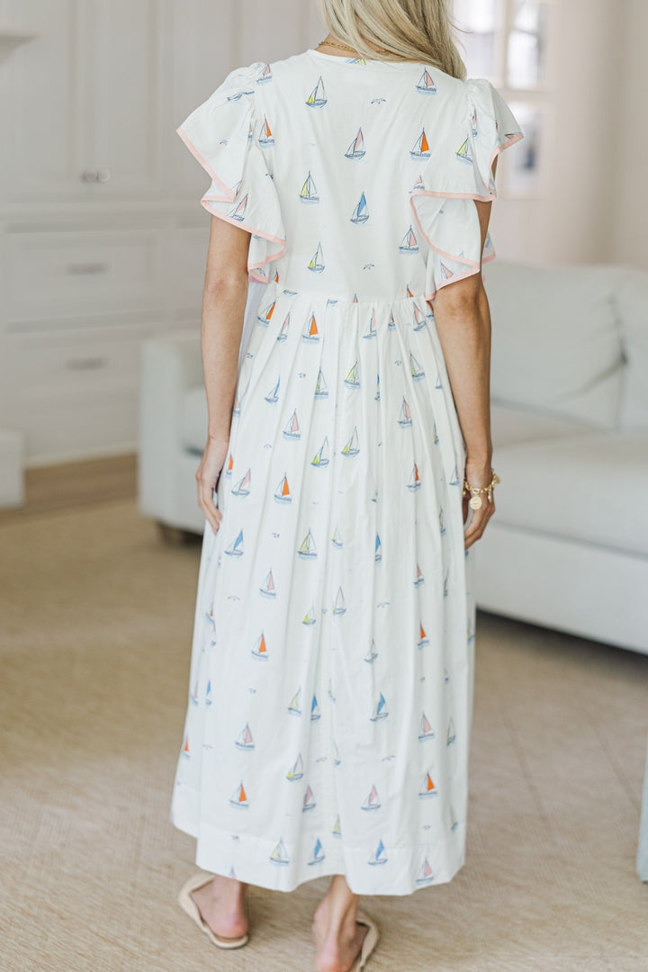 NURSING COLLECTION: Closer Than Ever White Sailboat Midi Dress