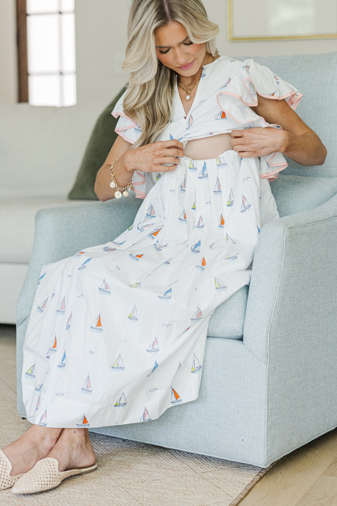 NURSING COLLECTION: Closer Than Ever White Sailboat Midi Dress