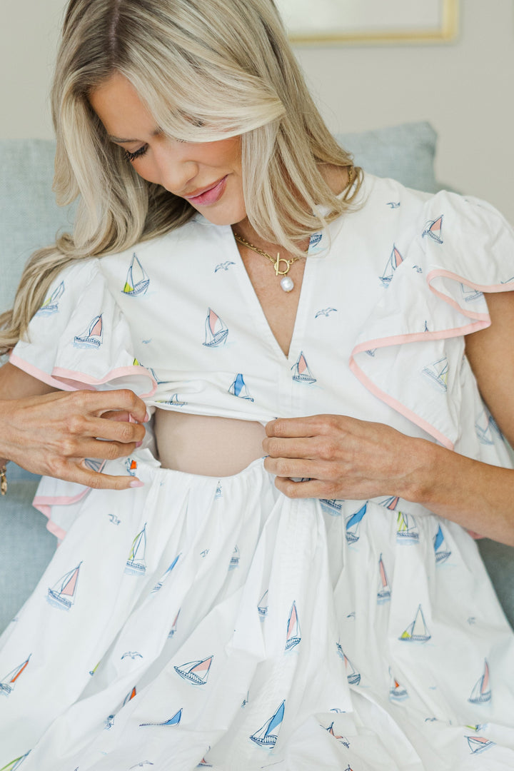 NURSING COLLECTION: Closer Than Ever White Sailboat Midi Dress