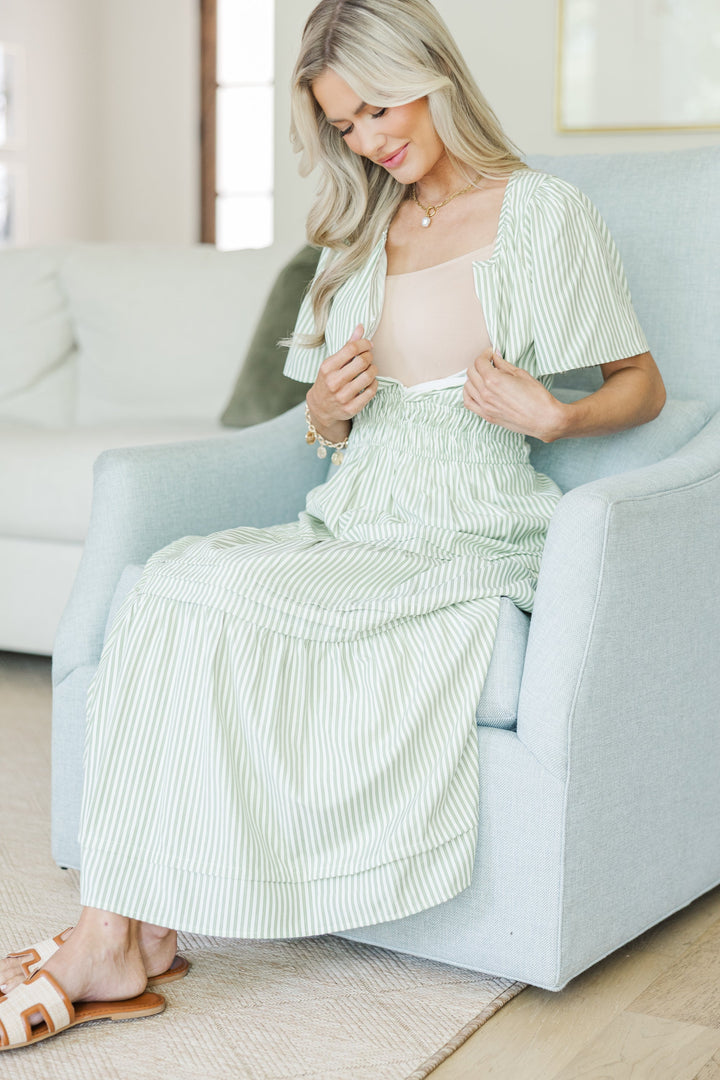 NURSING COLLECTION: All In The Air Olive Green Striped Maxi Dress