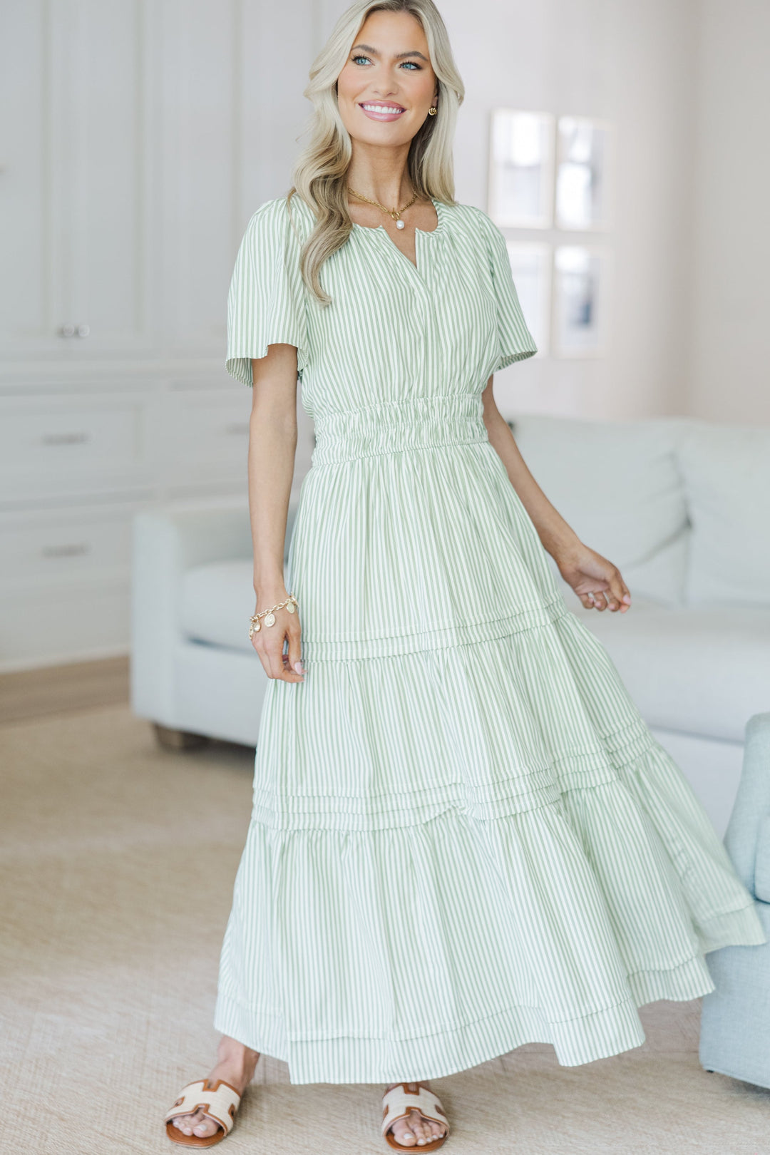 NURSING COLLECTION: All In The Air Olive Green Striped Maxi Dress