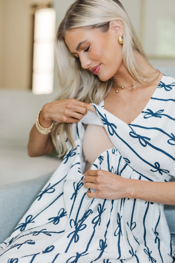 NURSING COLLECTION: Full Of Joy White Bow Print Dress