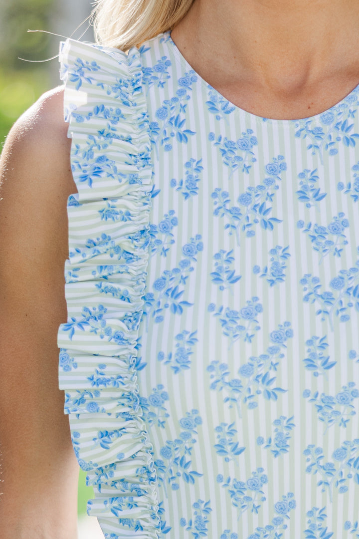 From Here On Mint Floral Ruffled One Piece Swimsuit