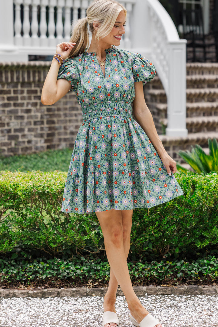 Let's Get Going Floral Dress Teal Medallion Dress