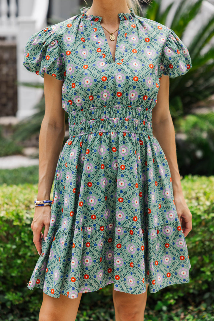 Let's Get Going Floral Dress Teal Medallion Dress