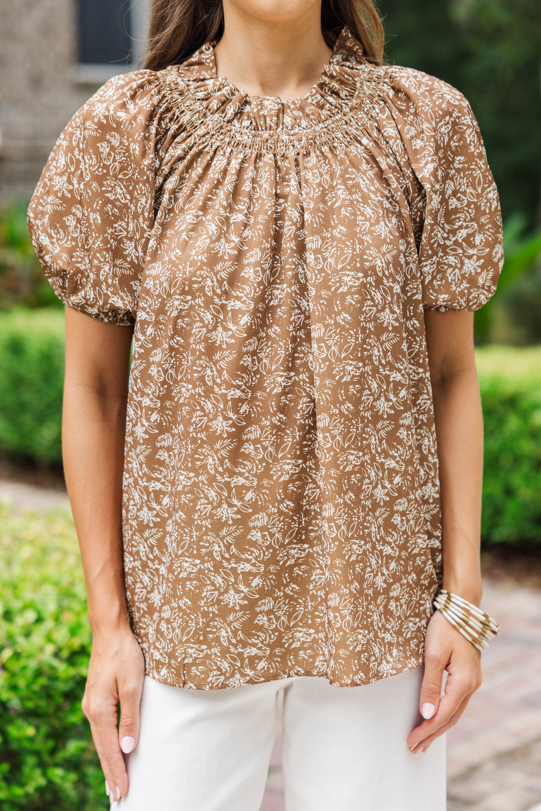 Feeling Fun Brown Ditsy Floral Bubble Sleeve Blouse