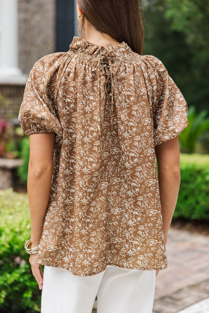 Feeling Fun Brown Ditsy Floral Bubble Sleeve Blouse