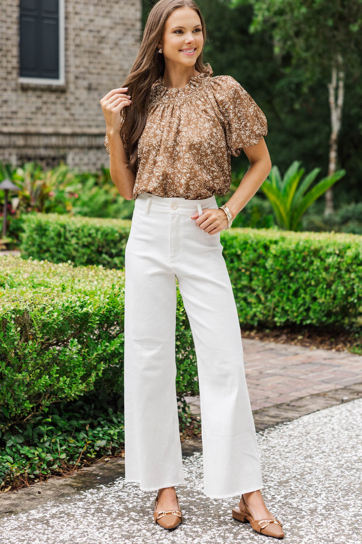 Feeling Fun Brown Ditsy Floral Bubble Sleeve Blouse