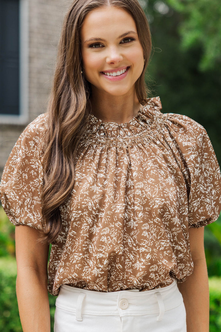 Feeling Fun Brown Ditsy Floral Bubble Sleeve Blouse