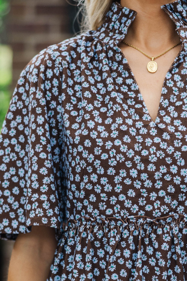 Feeling Your Best Brown Ditsy Floral Babydoll Dress