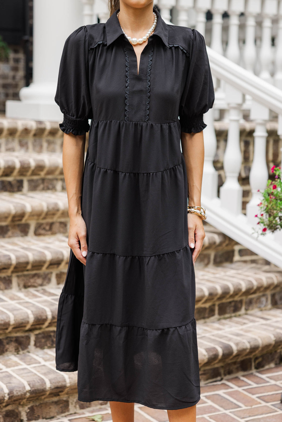 Velvet Skies Black Tiered Midi Dress