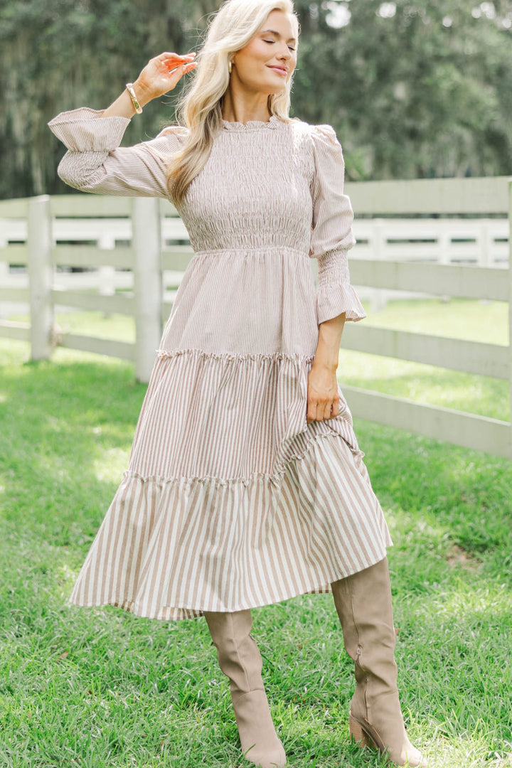Back To It Brown Striped Midi Dress