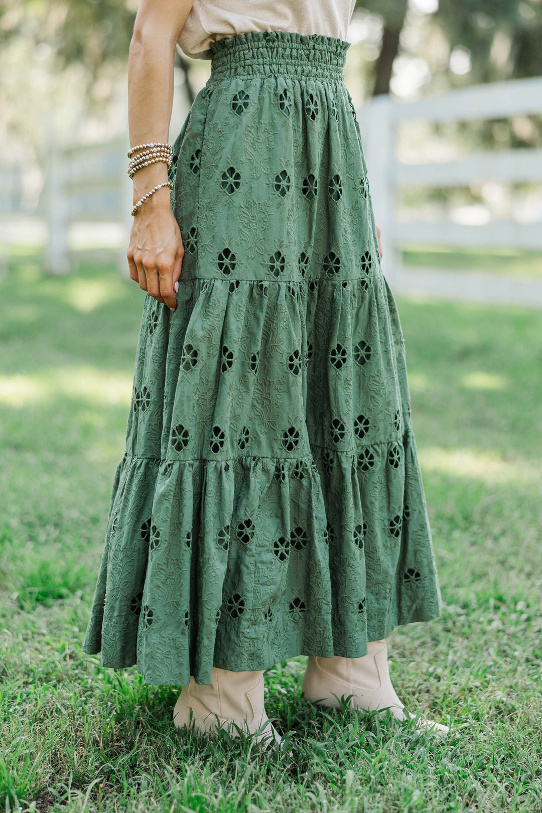 Soft Steps Olive Eyelet Maxi Skirt