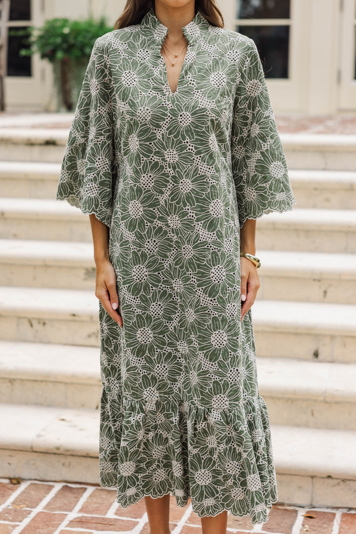 My Kind Of Day Olive Floral Eyelet Midi Dress