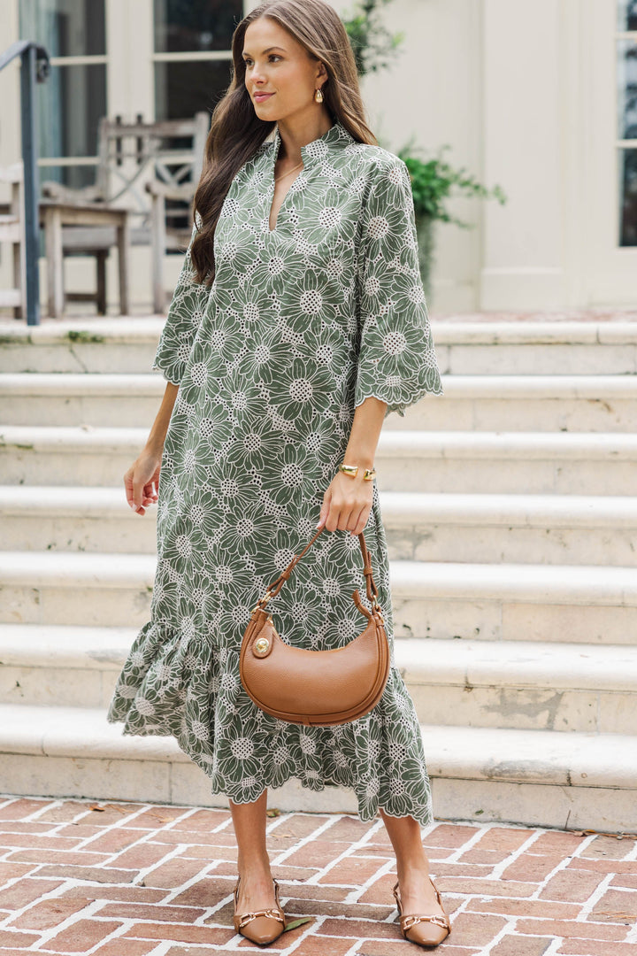 My Kind Of Day Olive Floral Eyelet Midi Dress